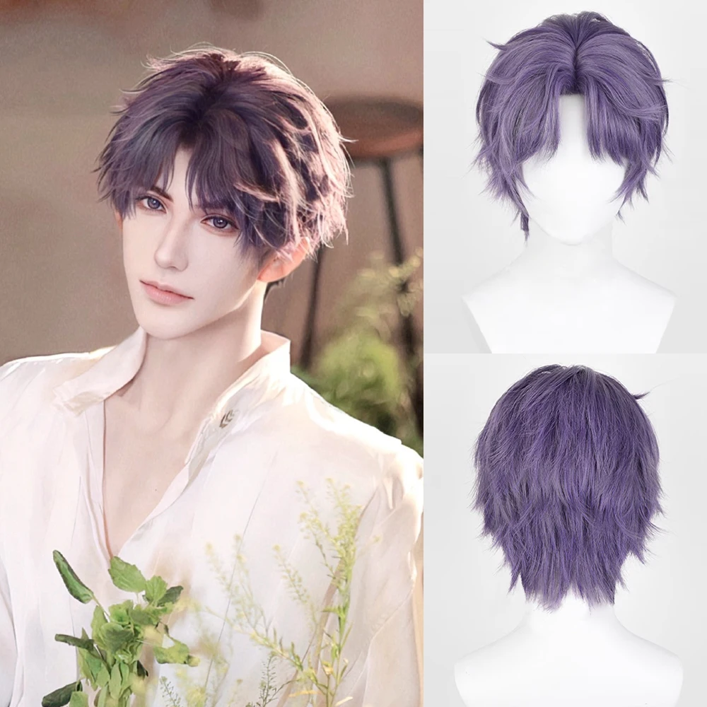 

Synthetic Short Straight Purple Men Wig Middle Part Anime Game Cosplay Fluffy Hair Heat Resistant Wig For Party
