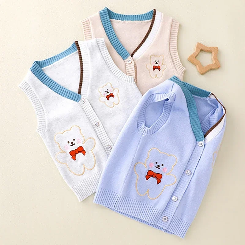 

2024 Winter New Children's Sweater Clothes Kids Catoon Bear Print Knitted Vest Cardigan Unisex Toddlers Sleeveless Knitting Tops