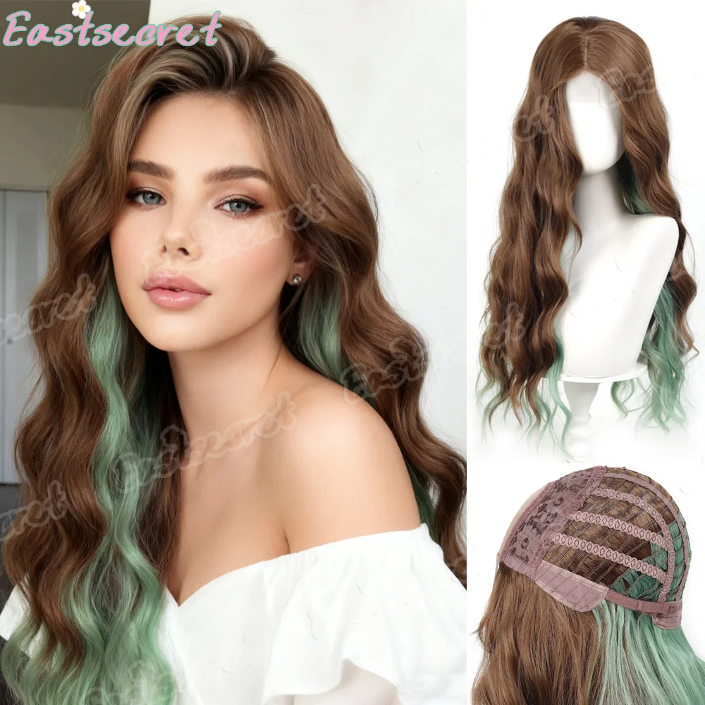 Forehead lace wig in dark brown with a touch of green Long Curly Wave Synthetic Wigs for Women Wigs Daily Hair Heat Resistant