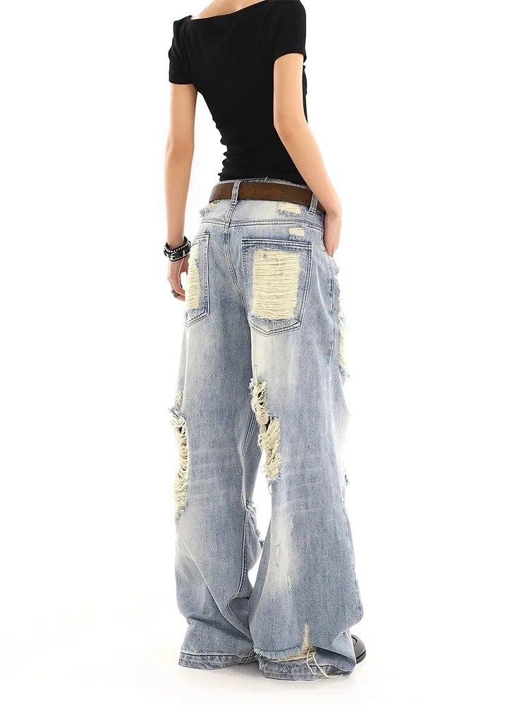 Women's Blue Ripped Jeans Cargo Baggy Washed Y2K Japanese Harajuku High Street Aesthetic Vintage Casual Pants Jeans Clothing New