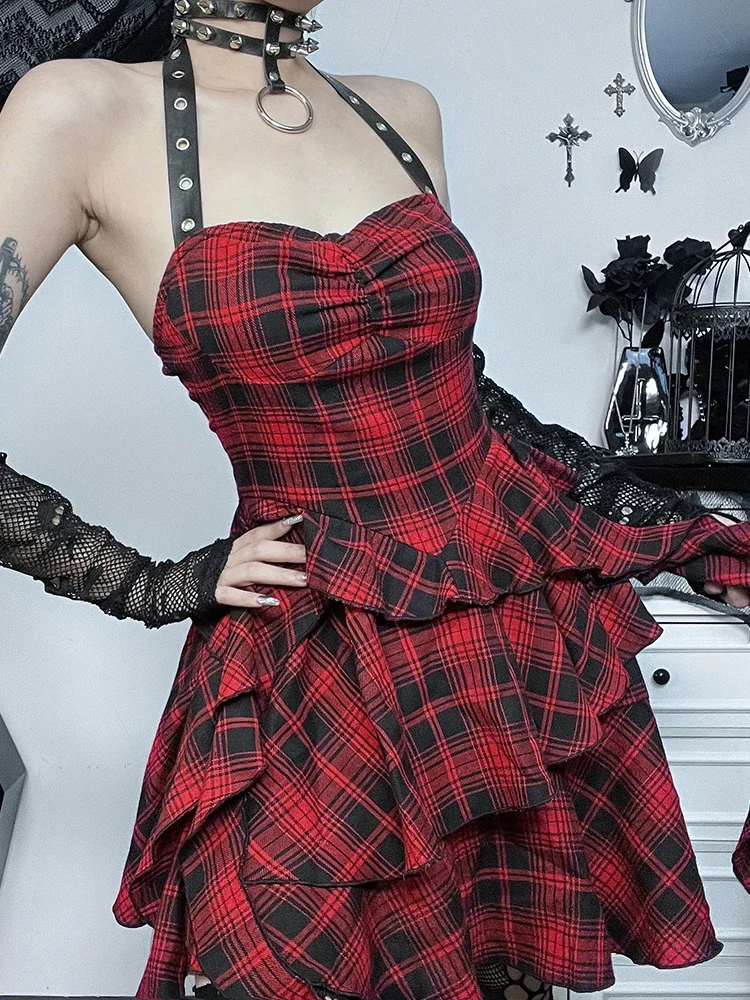 

Punk Y2k E-girl Halter High Waist Irregular Dress Mall Goth Lolita Red Plaid Dress Women Streetwear Harajuku Partywear