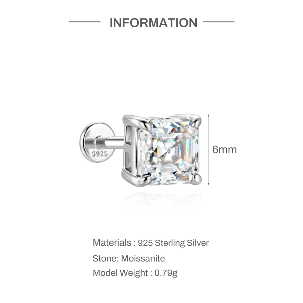 Aide Big Square Moissanite Halo 925 Sterling Silver D Color Flat Back Studs Threaded Piercing Earrings For Women Bridal Wedding