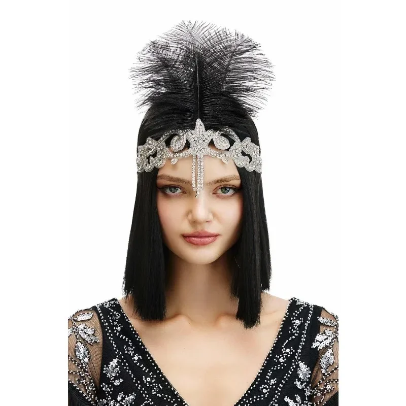 Flapper Headband 1920s Headpiece, Great Gatsby Feather & Crystal Hair Band, Roaring 20s Showgirl Hair Accessory for Women