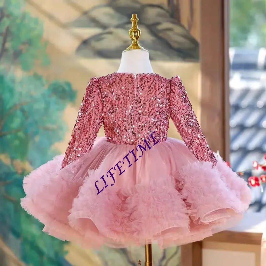 فستان فتاة وردي لامع مخصص بأكمام طويلة مكشكش للأطفال الأميرة 1st حفل زفاف وعيد ميلاد الأطفال عطلة الكرة ثوب #2