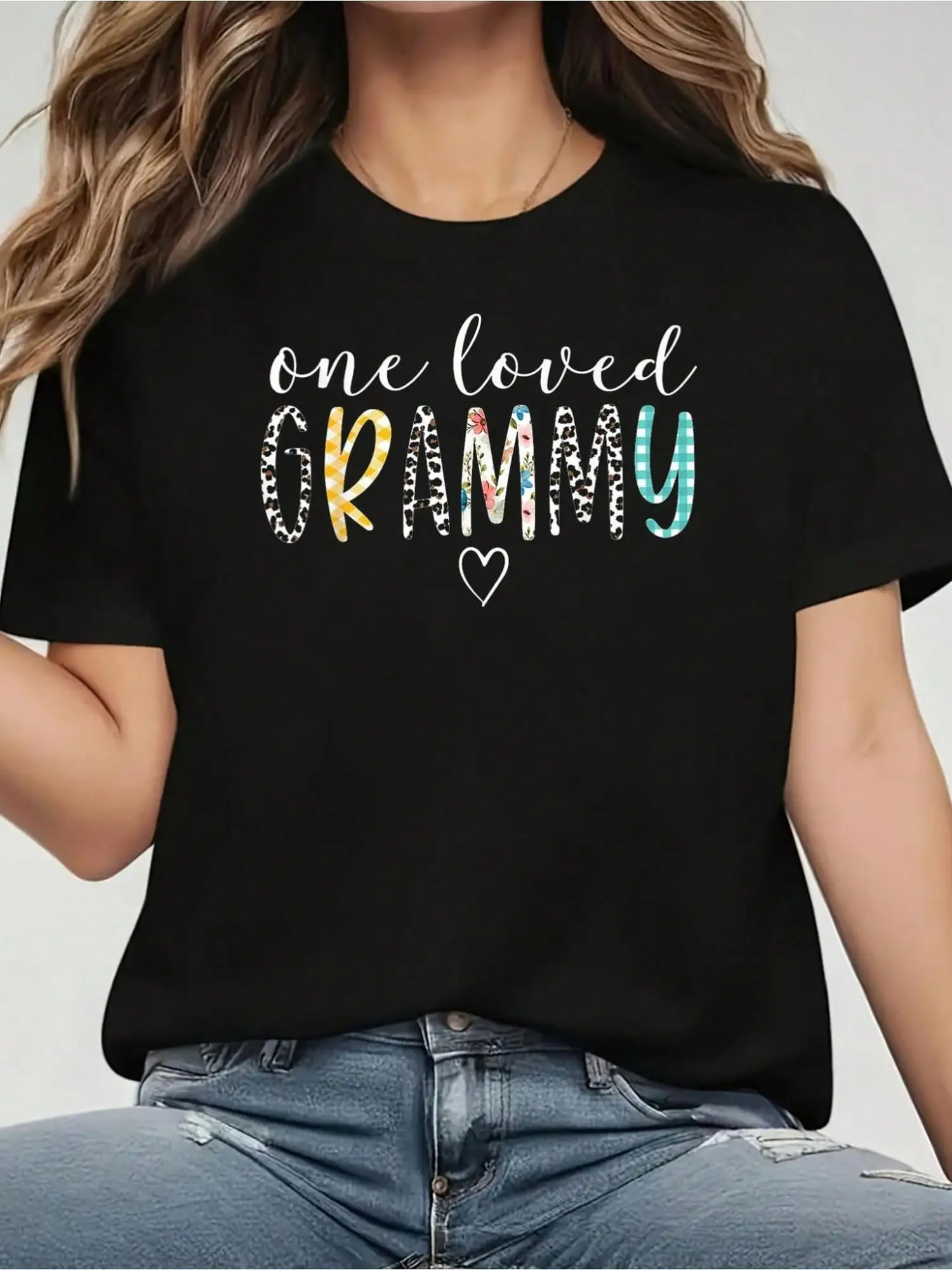 Plus Size One Loved Grammy Women's T-Shirt - Casual Short Sleeve Crew Neck, All-Season Comfort, Black with Colorful Printed