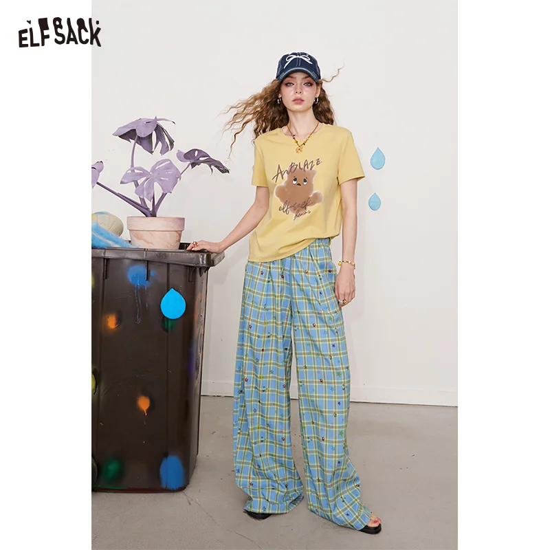 ELFSACK 2025 Summer New Arrival Loose Casual Clash Of Colours Plaid Star Wide Leg Trousers Leisure Straight Trousers For Woman