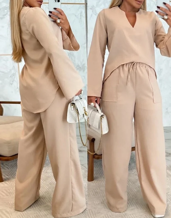 Casual Women's Tracksuit Asymmetrical Hem Notch Neck Top & Double Pockets high waist Drawstring Straight Leg Pants Set homewear