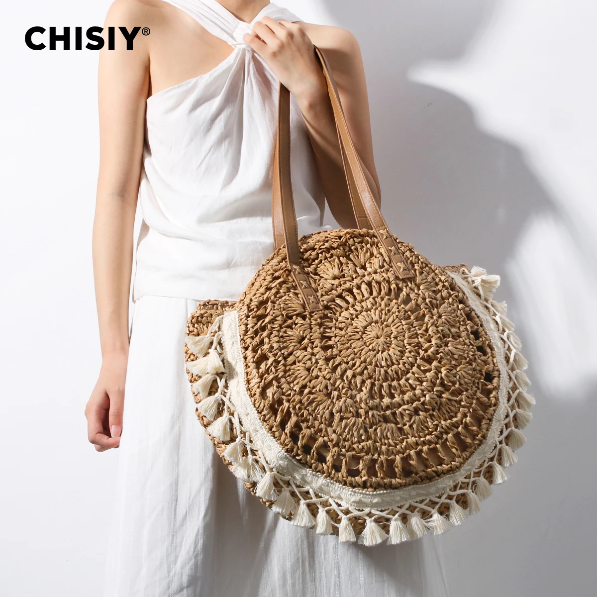 CHISIY Original Handmade Hollow Flower Round Handwoven Tassel Summer Grass Woven Bag Fashion Beach Shoulder Bag