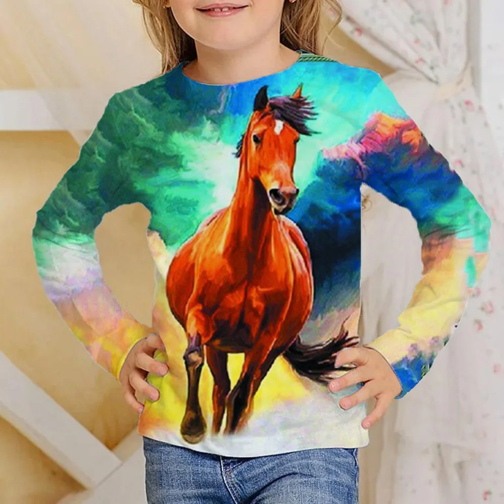 Animal Horse 3D Print Long Sleeve O-Neck T Shirt Kids Fashion Casual T-Shirts Boy Girl Children Tshirt Tees Tops Child Clothing