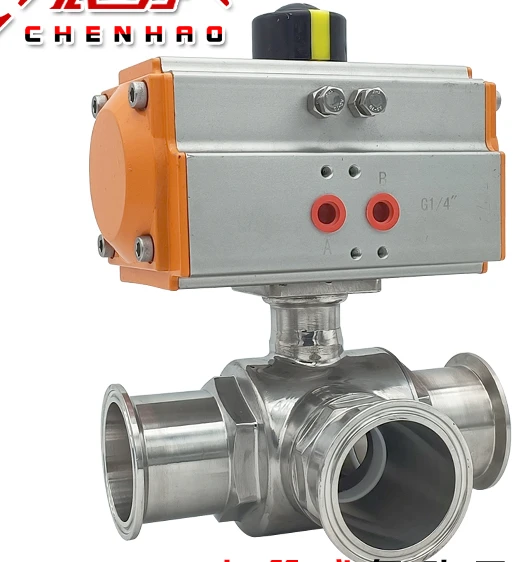 Stainless steel 304 pneumatic quick-fit three-way ball valve Q685F-16P single-acting sanitary three-way ball valve T-type