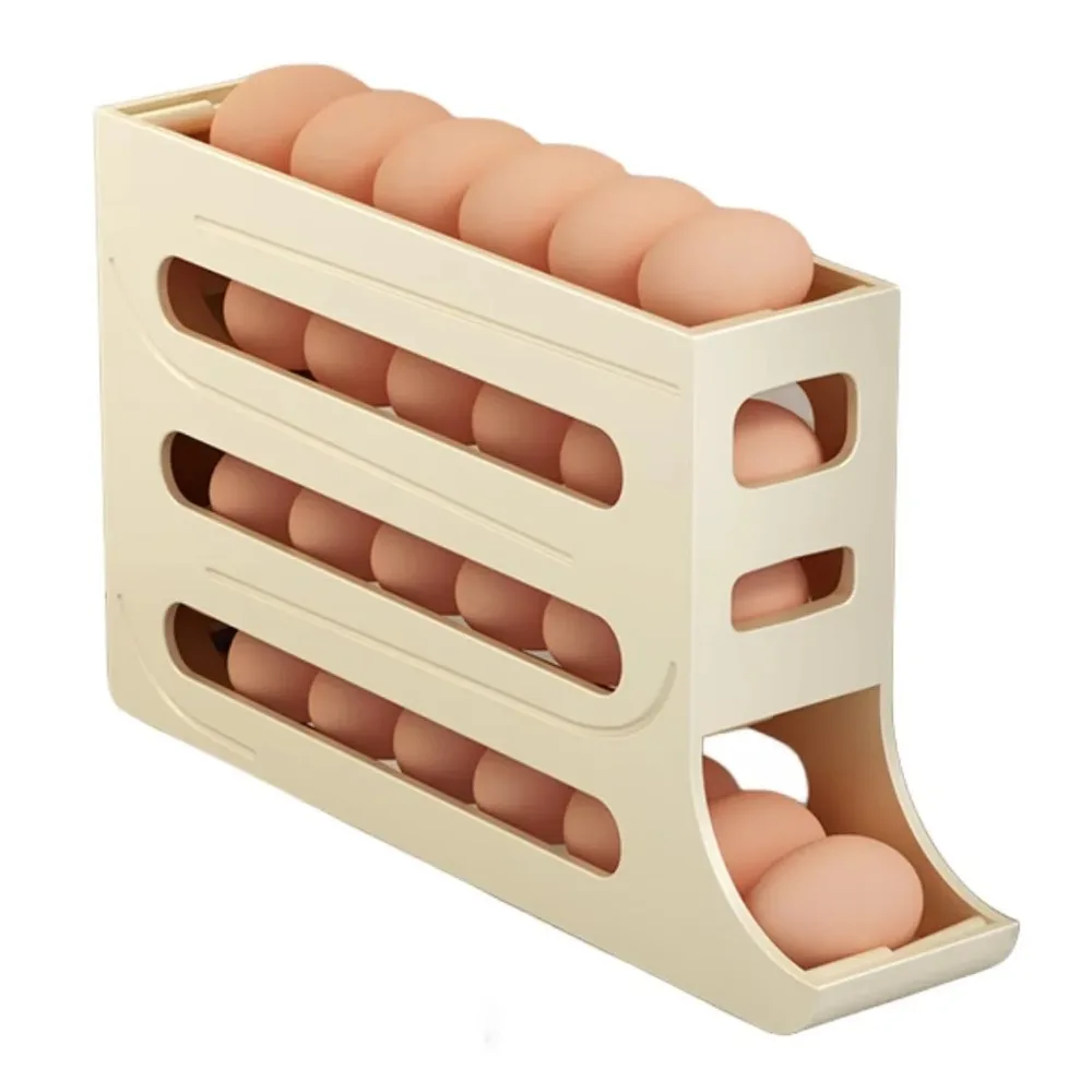 Caja de Almacenamiento de Huevos para Refrigerador, Dispensador de Huevos con 4 Niveles y Rodillos, Soporte Automático para Huevos con Desplazamiento para Cocina