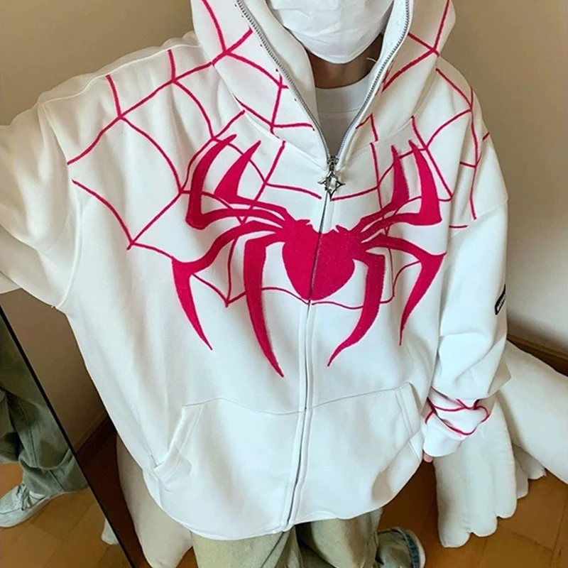 Youth Fashion Printed Spider Hoodie Cool Street Style Oversize Fleece Loose Zipper Overcoat Tops