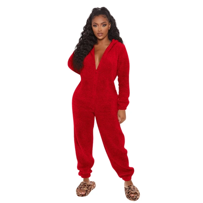 Womens Winter Warm Onesie Pyjama Fuzzy Fleece Rits Beer Oor Capuchon Jumpsuits