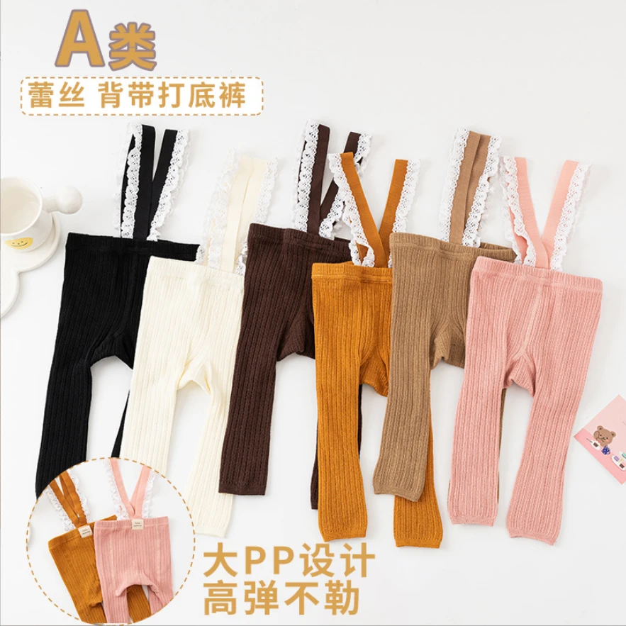 Infant Newborn Baby High Waist Leggings Ribbed Tights Socks Sleeveless Lace Trim Ribbed Knit Overalls Leggings Overalls