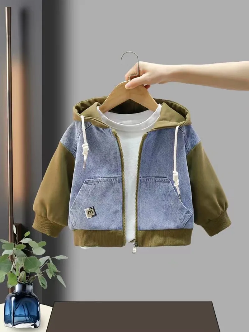 2-8Y ragazzi giacca foderata nuovi bambini Denim Patchwork cerniera felpa con cappuccio bambino bambino primavera e autunno giacca Casual cappotti