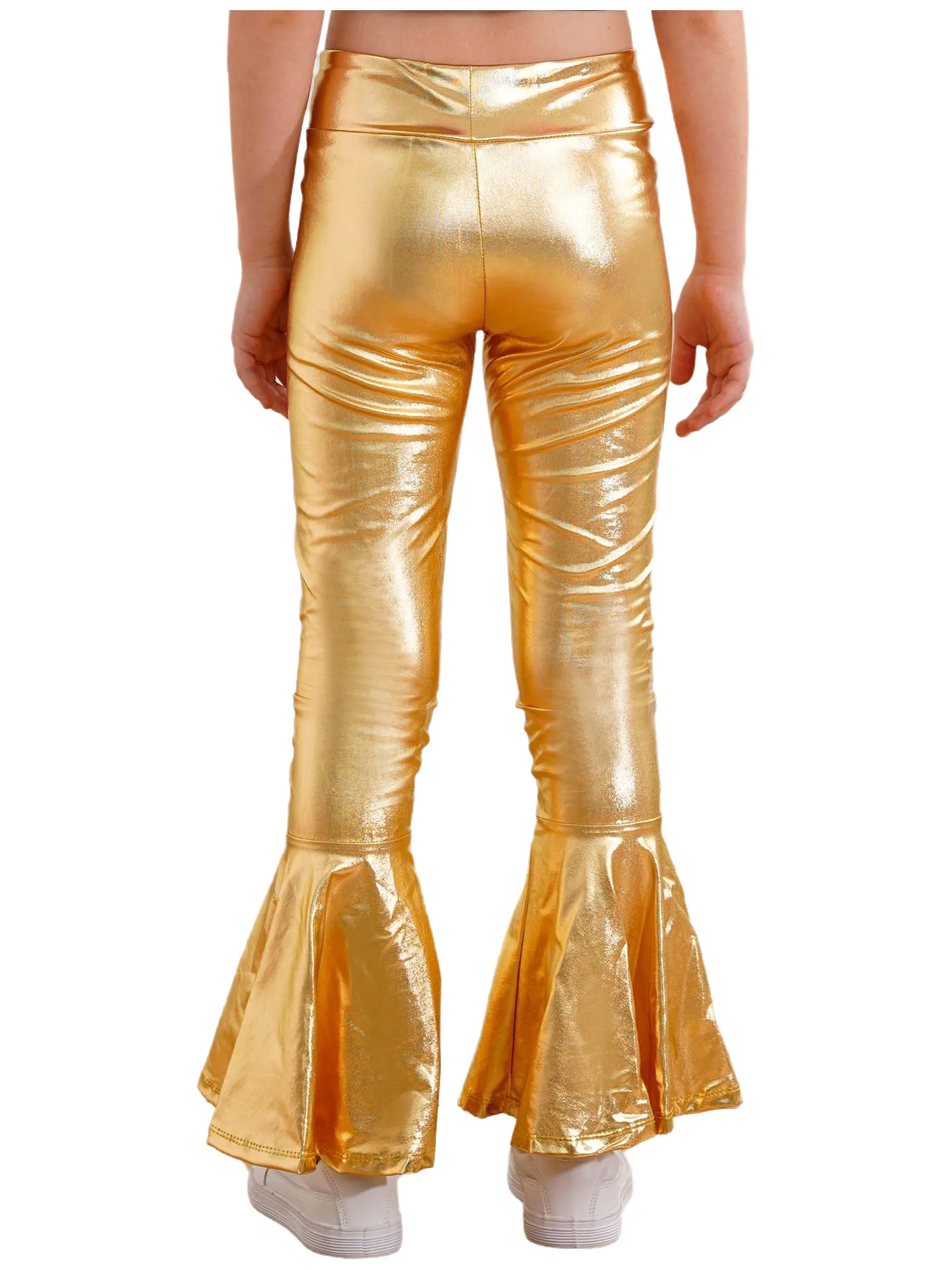 

Kids Girls Sequins Latin Dance Cowgirl Costume Outfit 70s Disco Hippie Clothes Crop Top + Metallic Flares Pants Dancewear Set