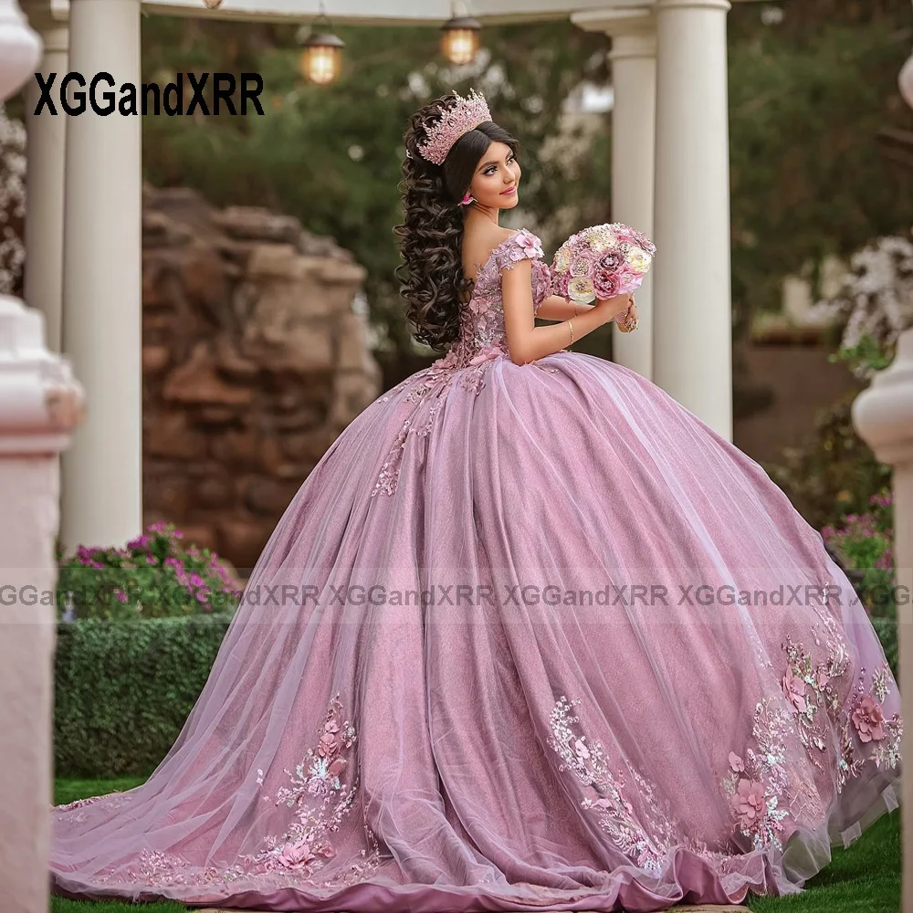 Vestido de baile elegante Quinceanera 3D, vestido mexicano, decote em v, 16 vestidos, Beading, Birthday Party, 15 anos, 2024