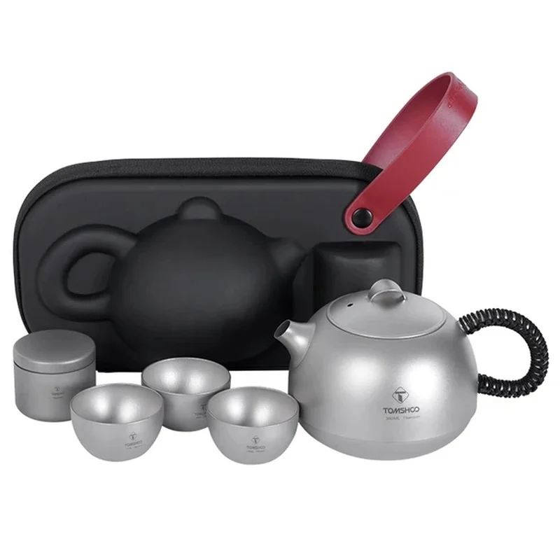 TOMSHOO Titanium Tea Set 380ml Tea Pot Kettle With Tea Infuser 3 Tea Cups And Tea Storage Tin Canister For Outdoor Camping