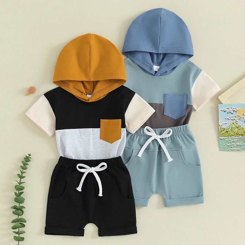 

Summer Toddler Baby Clothes Contrast Color Short Sleeve Hooded T-Shirt and Elastic Shorts Suit For Infant Boy Casual Outfits