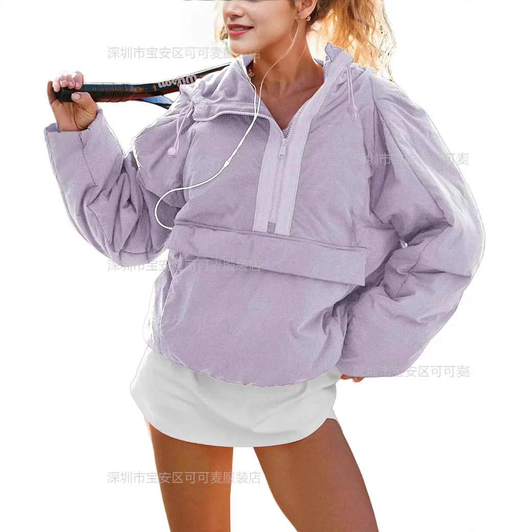 Keep Warm Thick Workwear Style Hooded Sweatshirt Women Contrast Color Zipper Drawstring Loose Pullover Hoodie Comfortable Casual