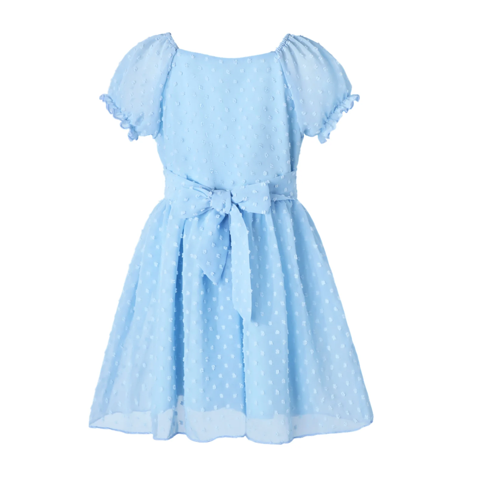 Girls 100% Polyester Chiffon Dress Summer Puff Sleeve LightBlue,purple,white,green Princess Dress 5-9Y Kids Party Wear (120-160)