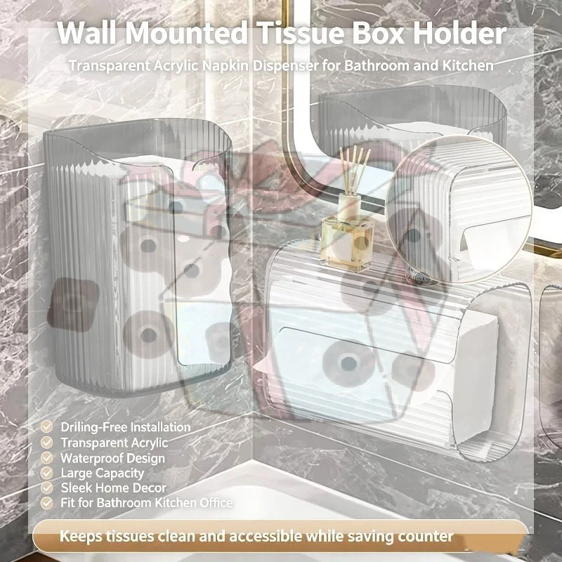 【CC】PET Tissue Box Holder Wall Mounted Transparent Multifunctional Paper Towel Dispenser For Living Room And Bathroom