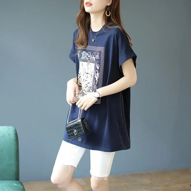 Korean Fashion Summer New Pure Cotton Women\'s O-Neck Printing Letter Simplicity Trend Versatile Loose Short Sleeve T-Shirts Tops