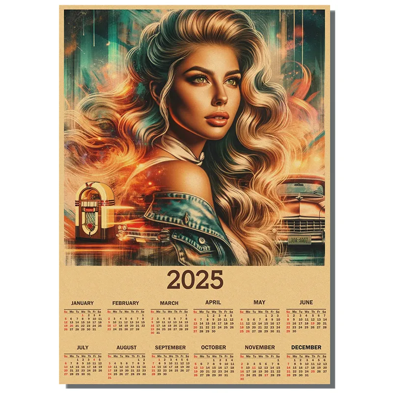 2025 Calendar Illustration Poster Kraft Paper Posters Prints Wall Art Picture for Room Home Decor