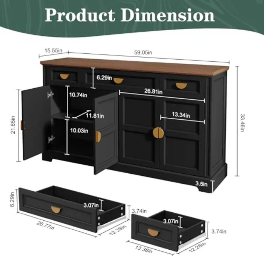 60'' Shaker-Style Large Sideboard Buffet Cabinet with Storage for dining room, solid wood, natural oak finish, spacious conceal