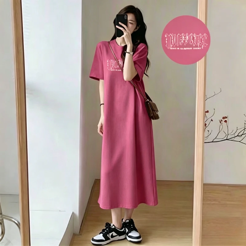 

Summer Women Oversized Casual Long Dress Gothic Graphic Print Short Sleeve Side Split Maxi T Shirt Dress