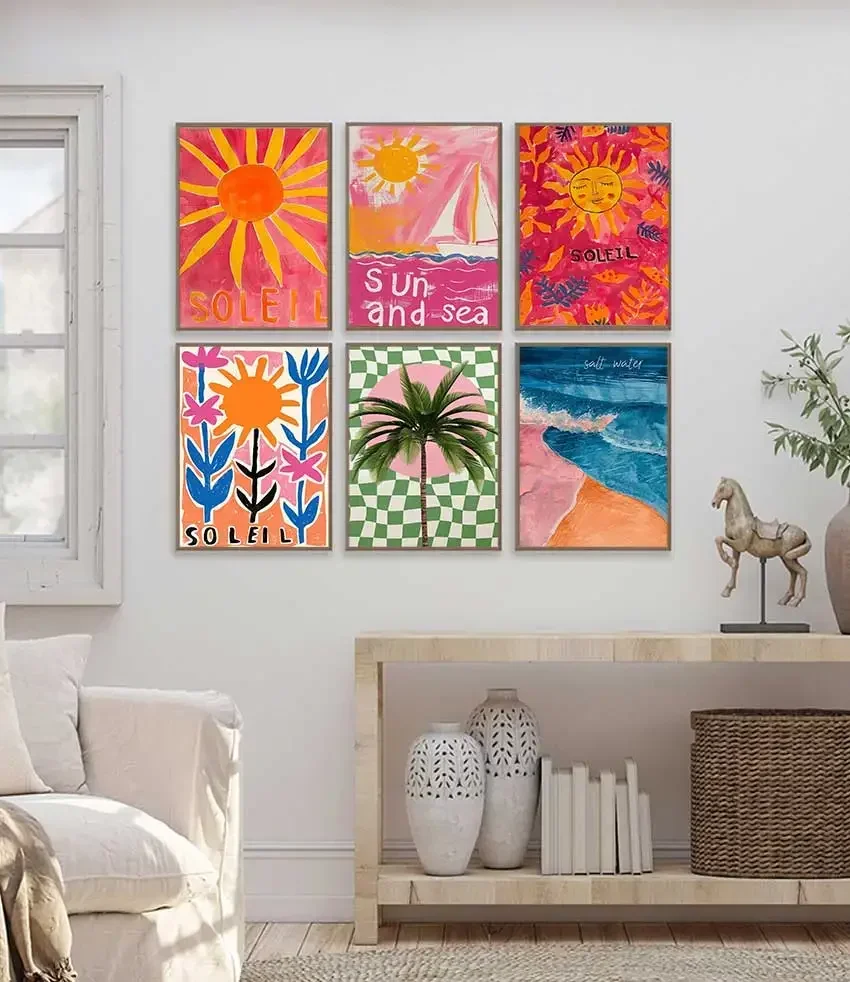 1pc frameless Canvas Painting 1pc frameless canvas painting Abstract Colourful Sun Ocean Palm Tree Landscape Cactus Poster and P