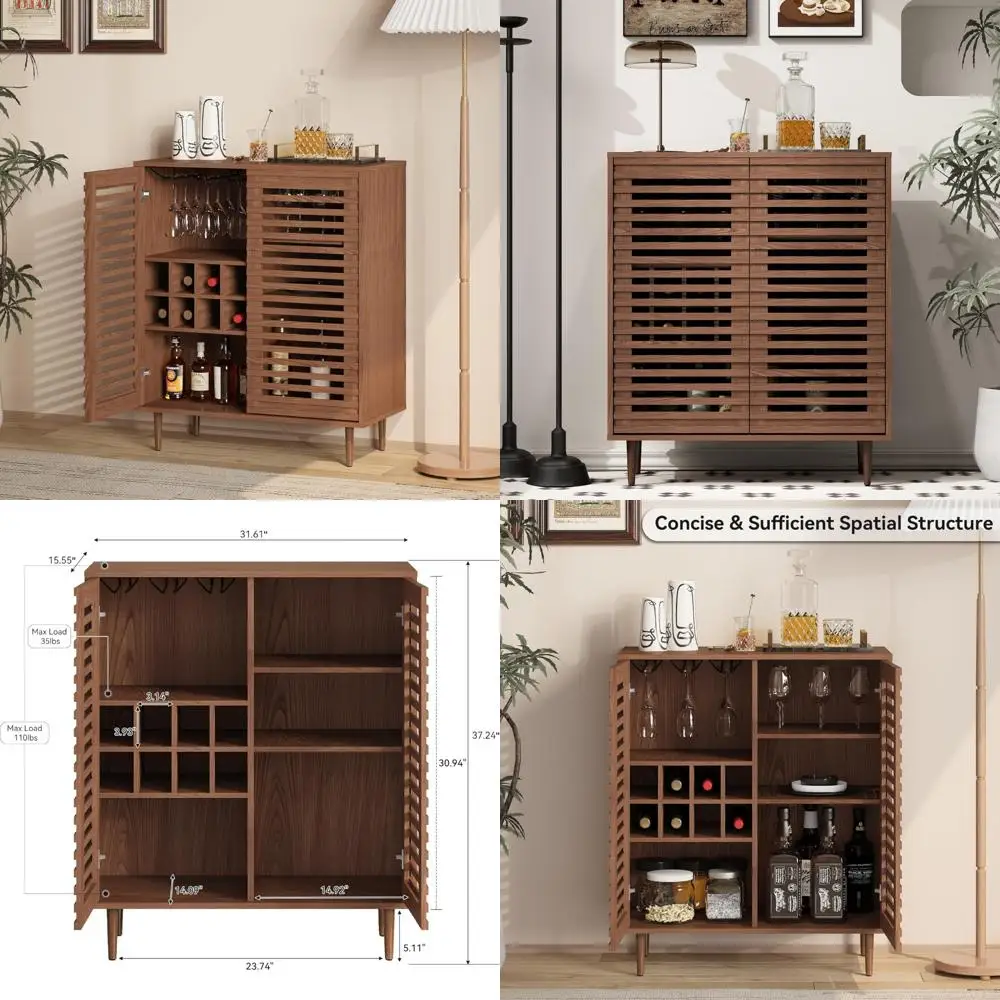 

Walnut-Toned Mid Century Modern Bar Cabinet with Slatted Doors and Wine Racks for Dining and Living Spaces