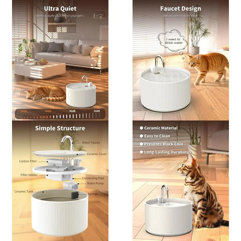 

Ceramic Cat Water Fountain, 2.2L/74oz Automatic Pet Water Fountain, Cat Dispenser Ideal for Cats, Dogs and Multiple Pets