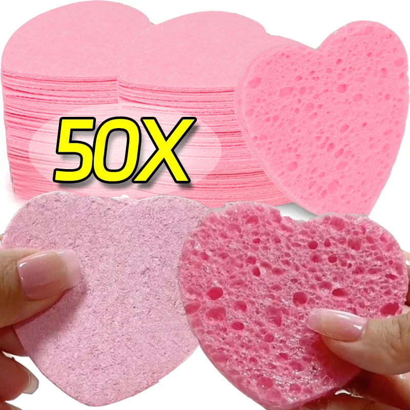 50PCS Reusable Face Wash Puff Cleaning Sponge Pad Exfoliator Mask Facial SPA Massage Makeup Removal Heart Shape Compress Sponge