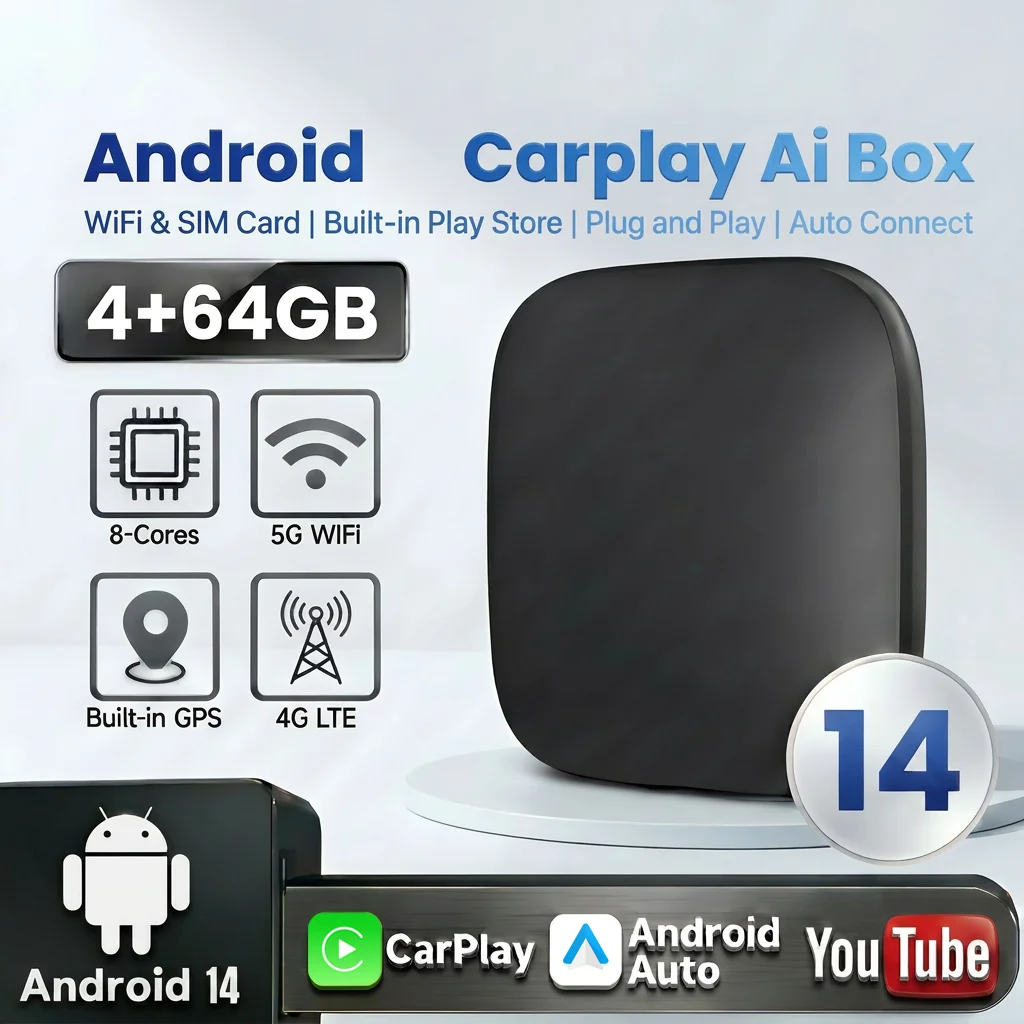 2026 3 em 1 Android 14 CarPlay Ai Box Adaptador USB Sem Fio para Android Auto, Youtube, Netflix, Caixa de TV Universal Plug and Play