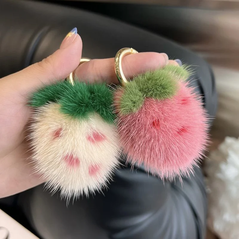 Mini schattige echte nertsbont kleine aardbei auto sleutelhanger hanger pluche bal tas decoratie