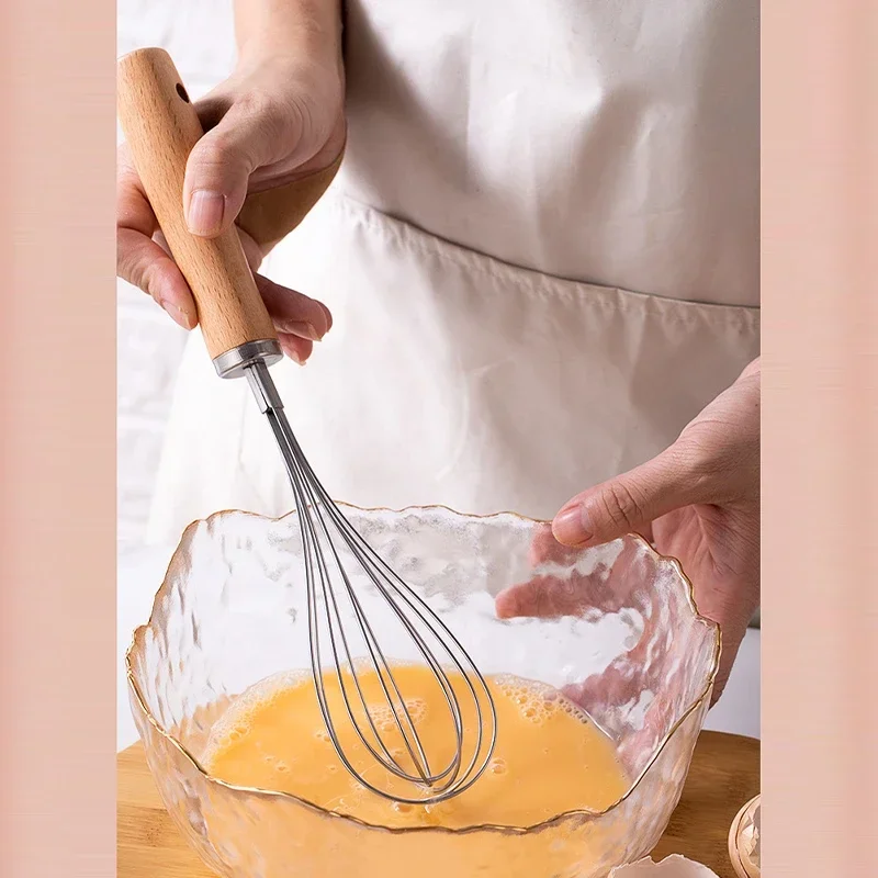 Stainless Steel Egg Beater Whisk Wooden Handle Manual Mixer Baking Cream Milk Powder Blending Whisking Beating Hand Kitchen Tool
