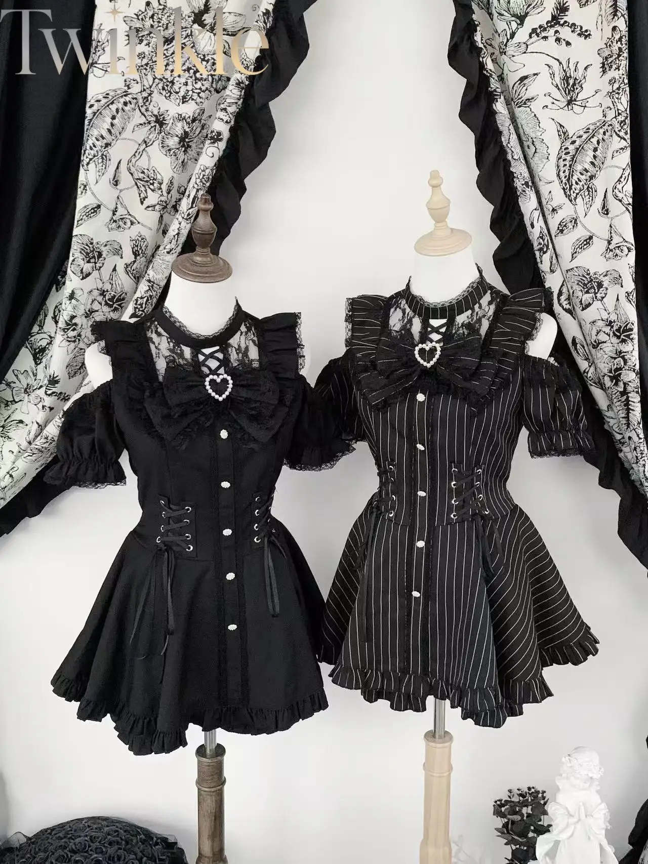 Women's Japanese Striped Dress Set Lolita Lace Kawaii Soft Girl Otaku Moe Two-Piece Outfit Alt Fashion