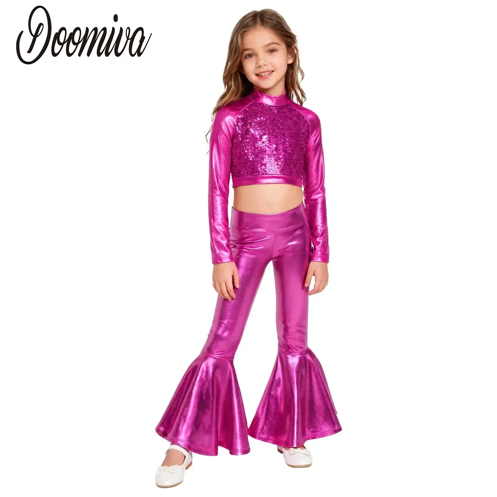 

Teen Girls Jazz Dance Performance Costumes Ballroom Latin Dancewear Long Sleeve Sequin Metallic Crop Top and Bell-bottom Pants