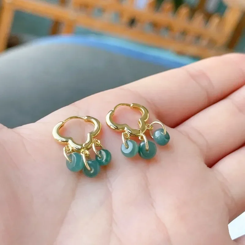 

925 Silver Natural Red Emerald Blue Water Jade Abacus Bead Earrings Original DIY By Hand Accessories Women Luck Gift Jewelry