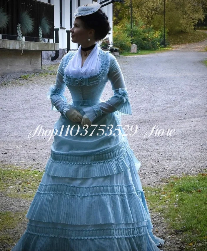 18th Century Prom Dress Sky Blue Long Sleeve Square Neck Satin Pleated Renaissance Victorian Duchess Walking Dress فساتين سهره