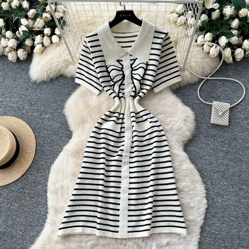 

Women Dress Mid Length Dresses Striped Vestidos Y2k Streetwear Knit Polo Neck Short Sleeve Elegant Party Night Work Autumn
