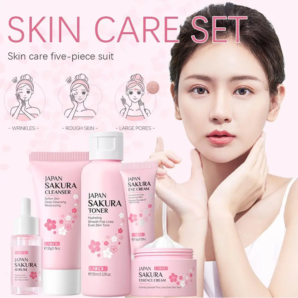 Juego de cuidado de la piel Blossom Sakura, crema de colágeno para ojos, suero, limpiador Facial, tóner, crema Facial para maquillaje, cuidado de la piel, 5 uds.