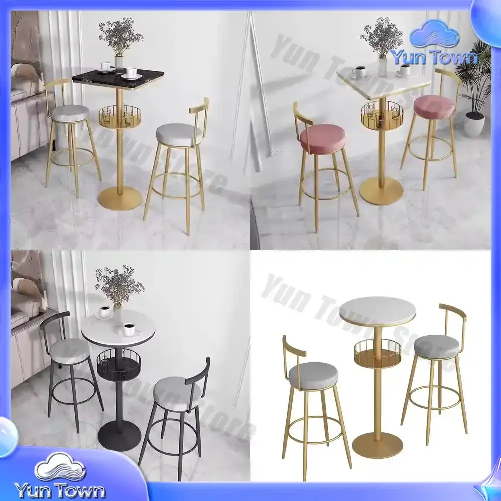 Modern gold metal bar table set with white marble top and 2 grey stool adjustable backrests for outdoor hotel dining