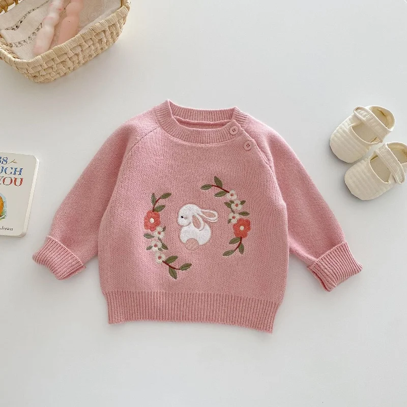 Girls\' Embroidered Sweater 0-5 Y Autumn Korean Children\'s Clothing  Girls Baby Western Style Knitted Top  Autumn Clothing