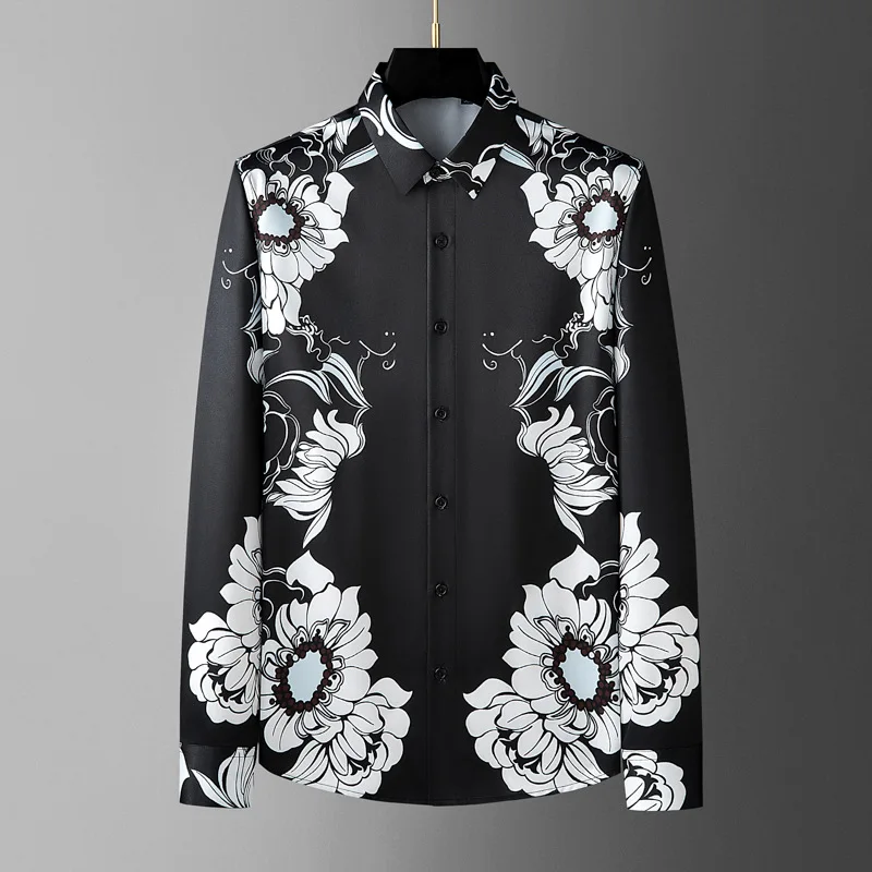 Brand Flower Printed Men Shirt No Ironing Long Sleeved Shirt Fashion Casual Business Social Party Tuxedo Shirts Camisa Masculina