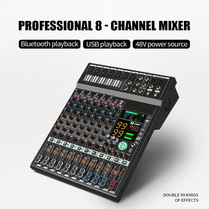 COOYINK 8-Kanal-Audiomischer 2*99 DSP 3 Gruppen Aux Senden Sie eine digitale professionelle Konsole Soundmixer-Konsole mit Bluetooth MP3 USB