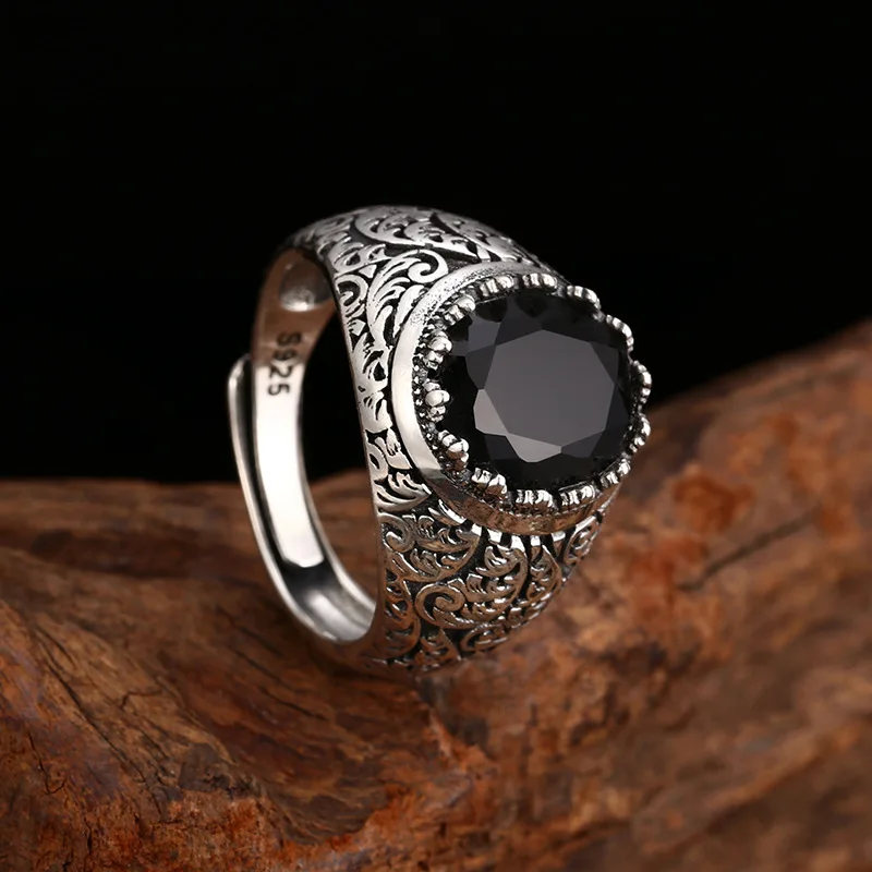 S925 Sterling Silver Black Zircon Adjustable Ring Punk Style Old Process Ribbon Leaf Free Size Women Fine Jewelry FYRNG169