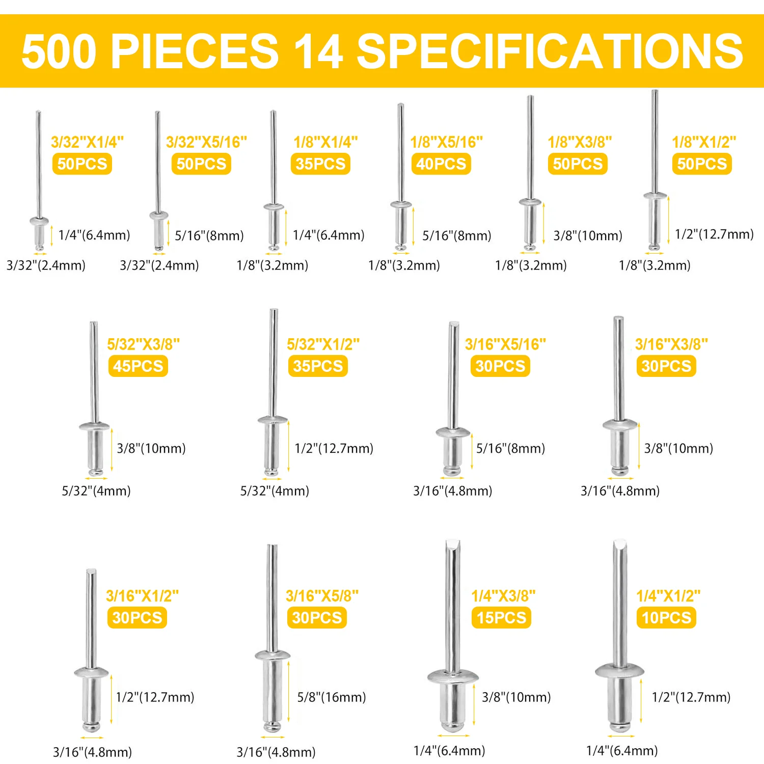 500 PCS Aluminum Pull Rivets, Round Head and Countersunk Head Types, Blind Rivets for Doors and Windows, Open Type Rivet Set