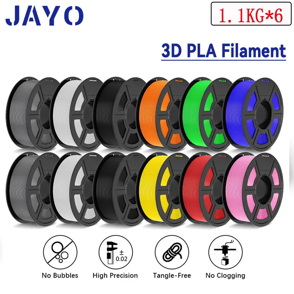 

JAYO 3D PLA Нить для печати 1,75 мм +/-0,02 мм 100% нетоксичный и разные цвета PLA пластик для 3D-принтеров и ручек 6 рулонов